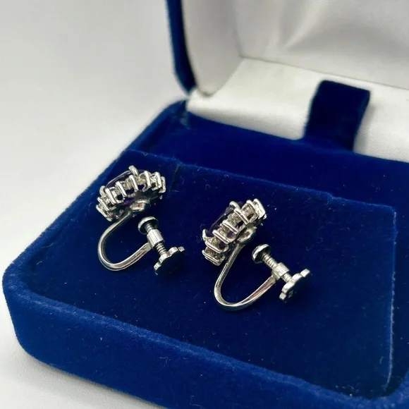 Vintage 925 Sterling Amethyst Gemstone and Cubic Zirconia Oval Screw On Earrings - Picture 5 of 7